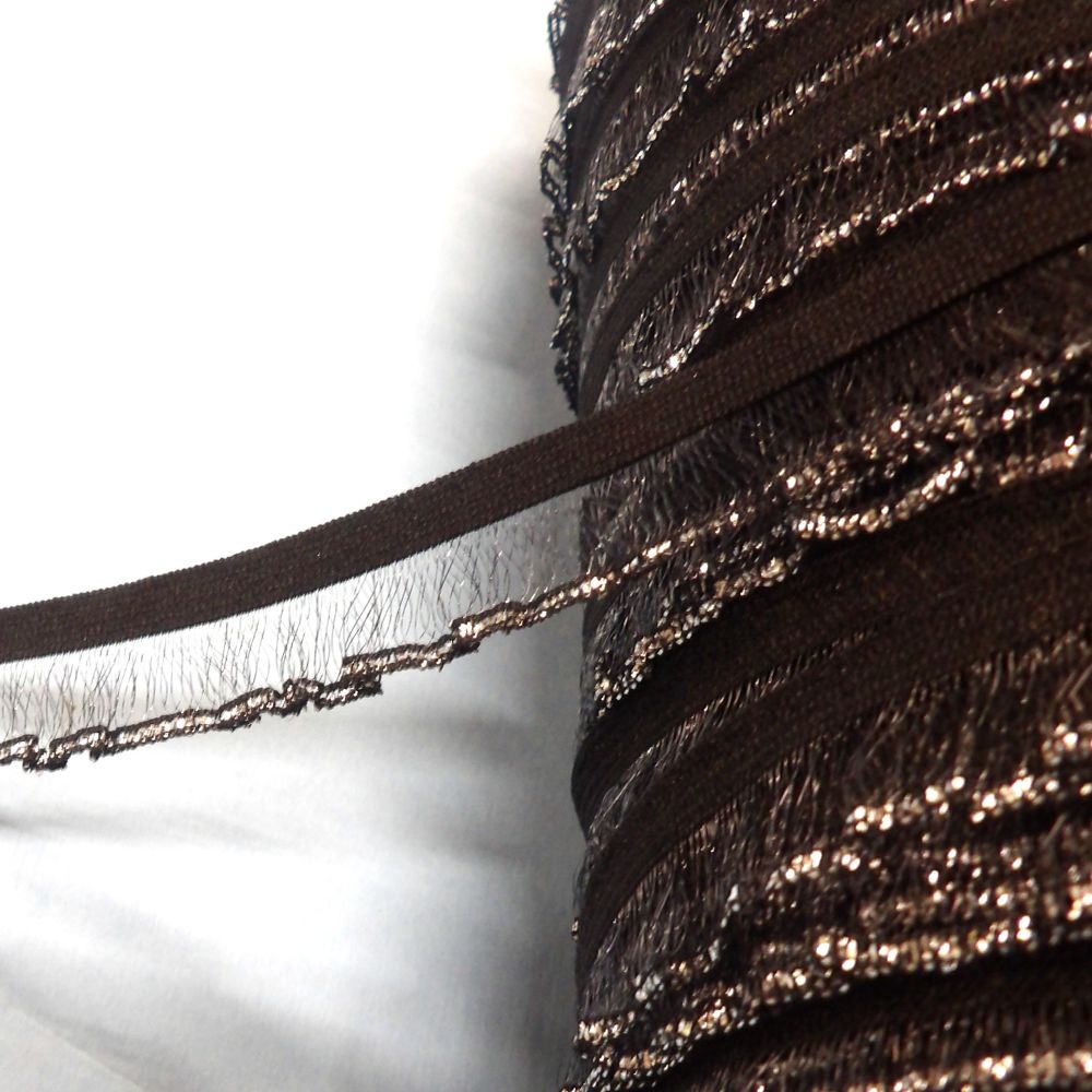 Only One 17 Metres Of Black Elastic With See Through Chiffon Type Gathered Lace And Metallic Silver Edge 17mm Wide Loose In A Bag Clearance