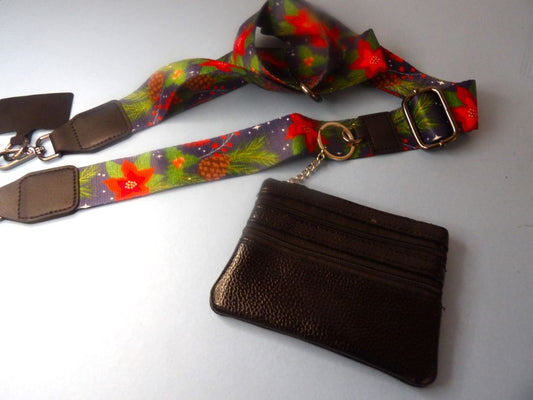Christmas Design 38mm wide x 1 Metre Long Webbing Strap With Key Ring Black Imitation Leather Zip Purse And Has 2 Metal Swivel Clasps On each End Abusable Length
