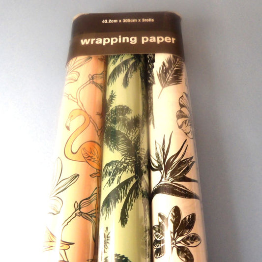 Pack Of 3 Assorted Rolls Of Wrapping Paper With Tropical Designs With 3 metres on each Roll 43cm wide Clearance