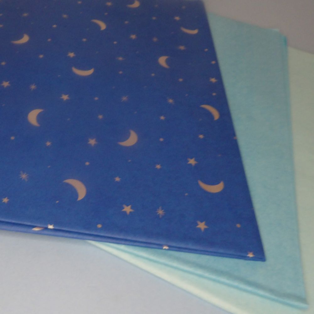 60 Sheets Of Tissue Wrapping Paper [ 20 x Pale Blue / 20 x Light Blue / 20 x Blue With Moon And Stars ] 65cm x 50cm / Size 20 x 26 inch Clearance