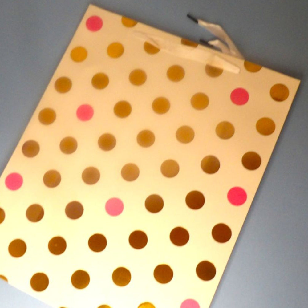 6 Large Quality Gift Bags With White Ribbon Handles Colour White With Large Candy Pink Spots And Gold metallic Spots Size 39 x 31 x 14.5 Clearance