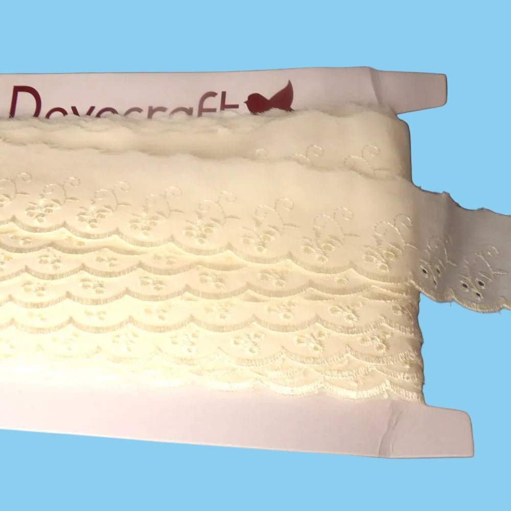 27.4 Metre Card Of Cherry Design Cream Broderie Anglaise 50mm / 2 inch Wide Dove Craft Brand