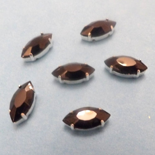 6 Oval With Pointed Ends Shape Sew On Black Crystal Diamante Rhinestone Set In Silver Colour Metal Size 14mm x 6mm Clearance