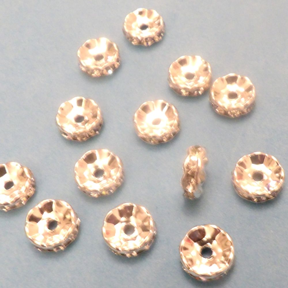 20 Diamante 10mm Silver Colour Metal With Clear Crystal Diamantes Size 10mm x 3mm for between beads Clearance