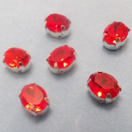 6 Oval Shape Sew On RED Crystal Diamante Rhinestone Set In Silver Colour Metal Size 9mm x 6mm Clearance