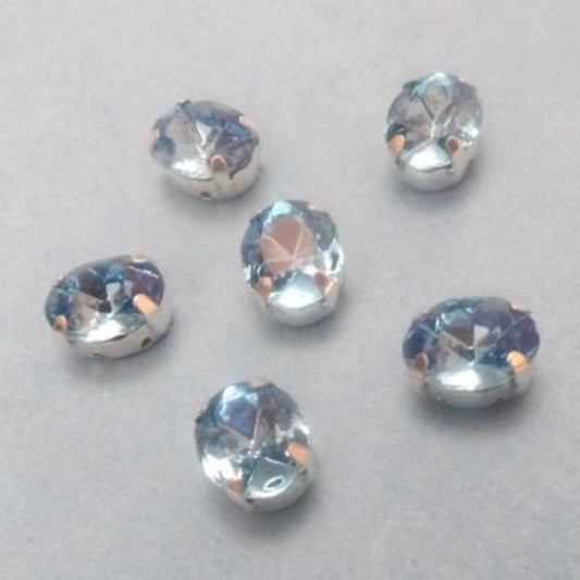 6 Oval Shape Sew On Turquoise Crystal Diamante Rhinestone Set In Silver Colour Metal Size 9mm x 6mm Clearance