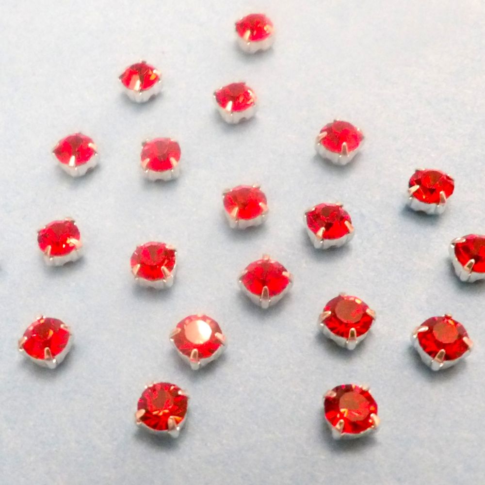 100 Sew On Red Crystal Diamante Rhinestone Set In Silver Colour Metal Size 4mm Clearance