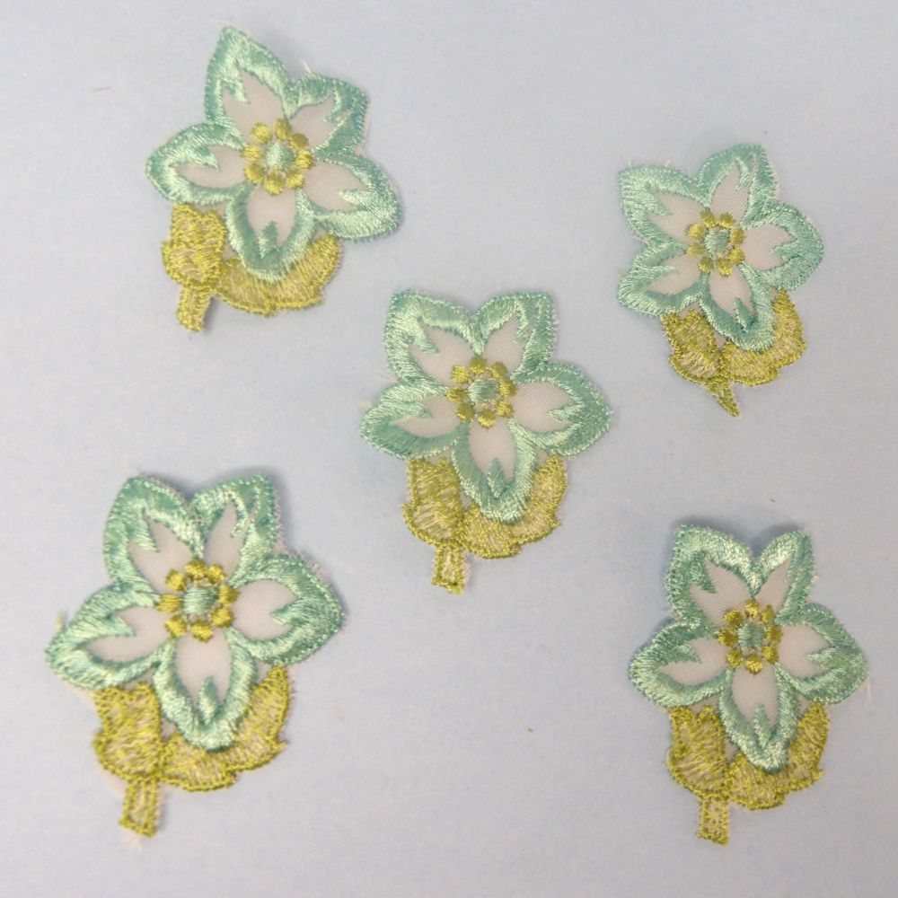 60 Light Turquoise With Green Leaves Lace Flower Sew On Motifs Size 60mm x 50mm clearance