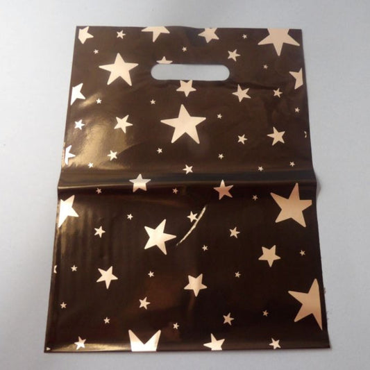 100 Small Black With Silver Star Design Design Party Bags / Carrier Bags Size 23cm x 30cm / 9 x 12 Inch Clearance