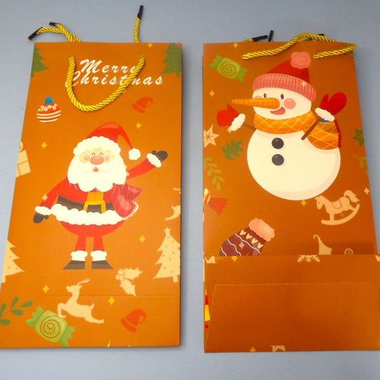 6 double bottle Christmas bags snowman and Santa design with gold colour twist cord handles size 32cm x 17cm x 9cm clearance