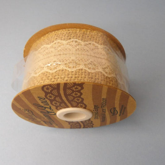 Only One Lot Of 6 x Woven Edge Brown Hessian And Ivory Lace Ribbon 50mm Wide 5 Yards On Each Reel Elegance Brand