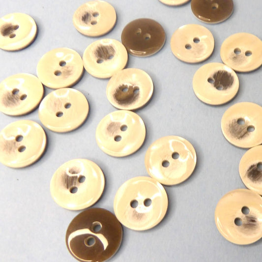 100 Ivory Shiny 2 Hole Buttons With Random Brown Design Size 16mm Clearance