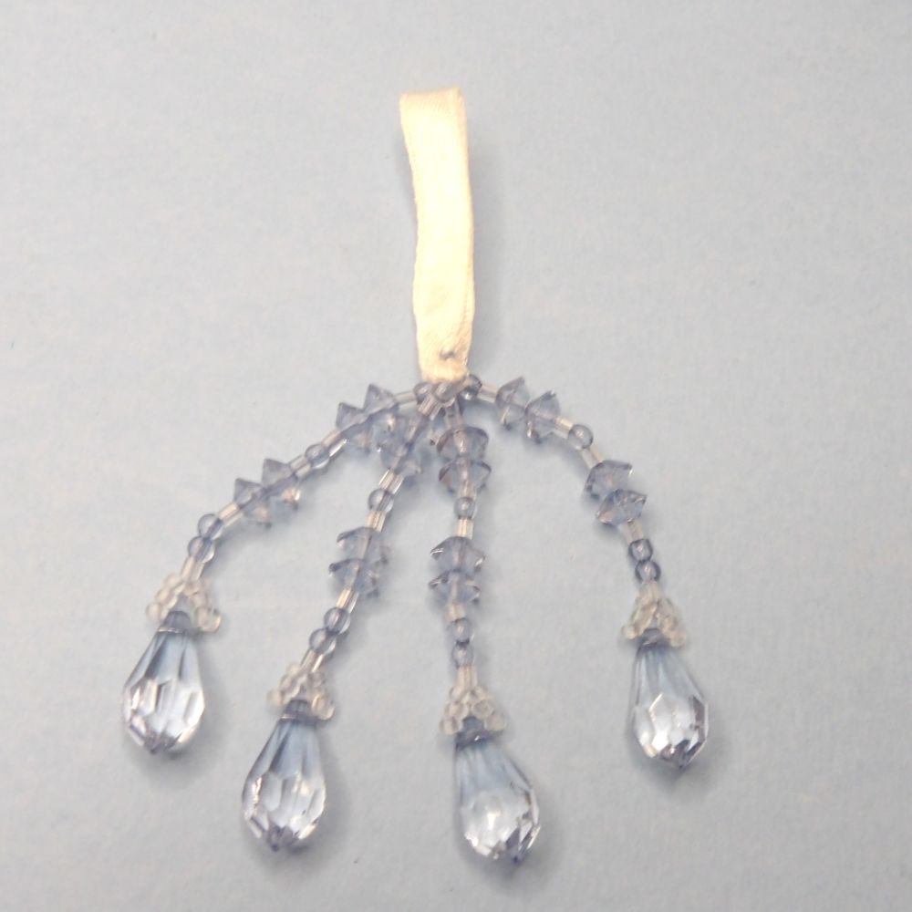 Only one 110 Dark Light Blue On White Satin Ribbon With 4 Strands Of Beads 80mm