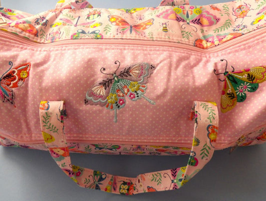 Knitting Bag Fabric Pink Colour With Bug And Butterfly Design And Embroidered Panel With Butterfly's Front Zip Pocket Size 42cm x 18cm x 16cm