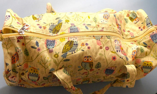 Knitting Bag Fabric Cream Colour With Multi Coloured Owls Design With Front Zip Pocket Size 42cm x 18cm x 16cm