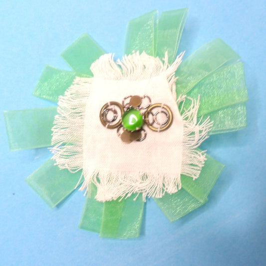Brooch With Grean Chiffon Ribbon Green Size 11cm Clearance
