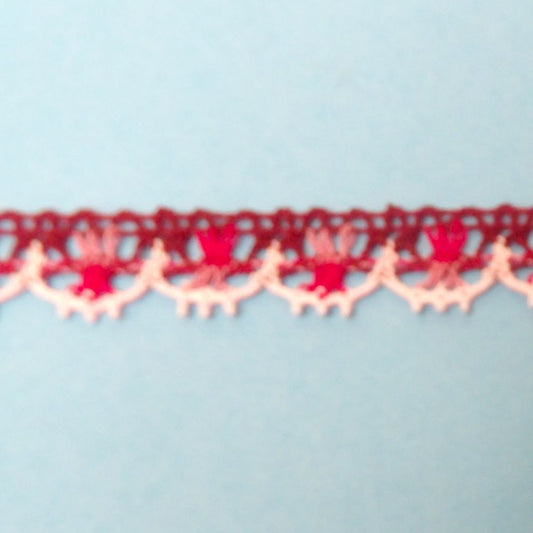 20 Metres Of Cotton Type Lace Maroon With Light Pink Edge 17mm Wide Clearance