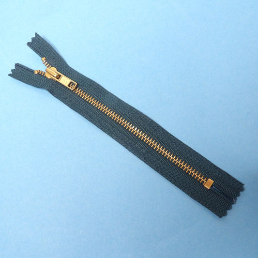 10 Jeans Type Zips Dark Green With Gold Colour Metal Teeth Size 17.5cm Clearance