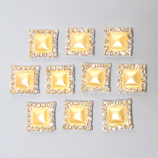 10 Square Shape Sparkly Diamantes Metal Flat Back With Square Pearl Centre size 16mm Clearance