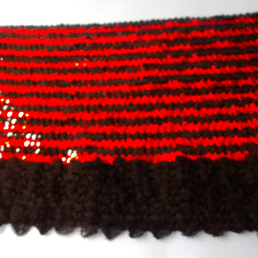 One Metre Of 28cm Wide Sequin Stretch Fabric Black And Red stripes With Black Frilled Lace edge  Colour Clearance
