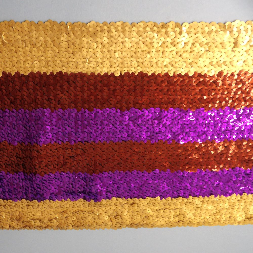 One Metres Of 24cm Wide Sequin Striped Stretch Fabric Light Gold / Russet  Brown / Purple Colour Clearance