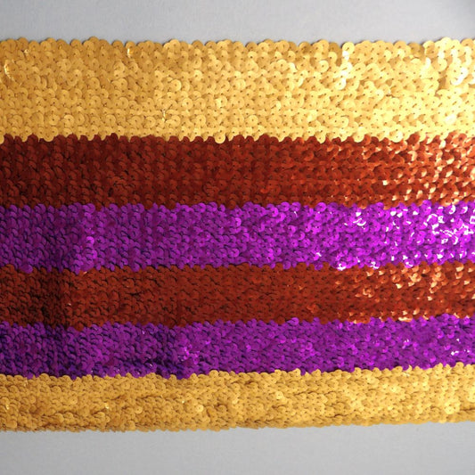 One Metres Of 24cm Wide Sequin Striped Stretch Fabric Light Gold / Russet  Brown / Purple Colour Clearance