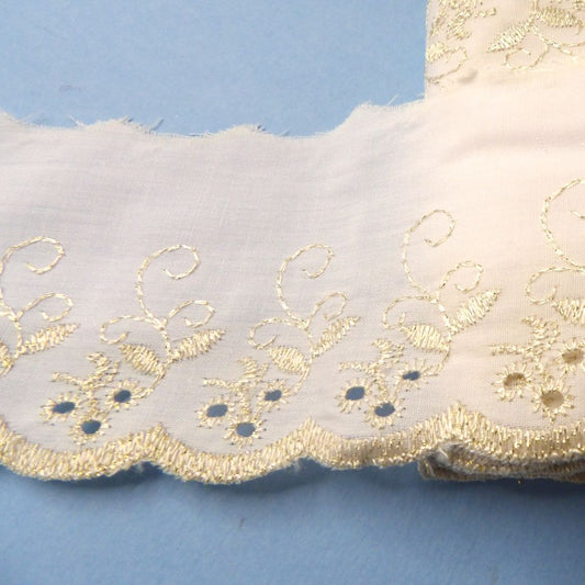 13.7 Metres Of White Flat Broderie Anglaise With Light Metallic Gold 75mm Wide