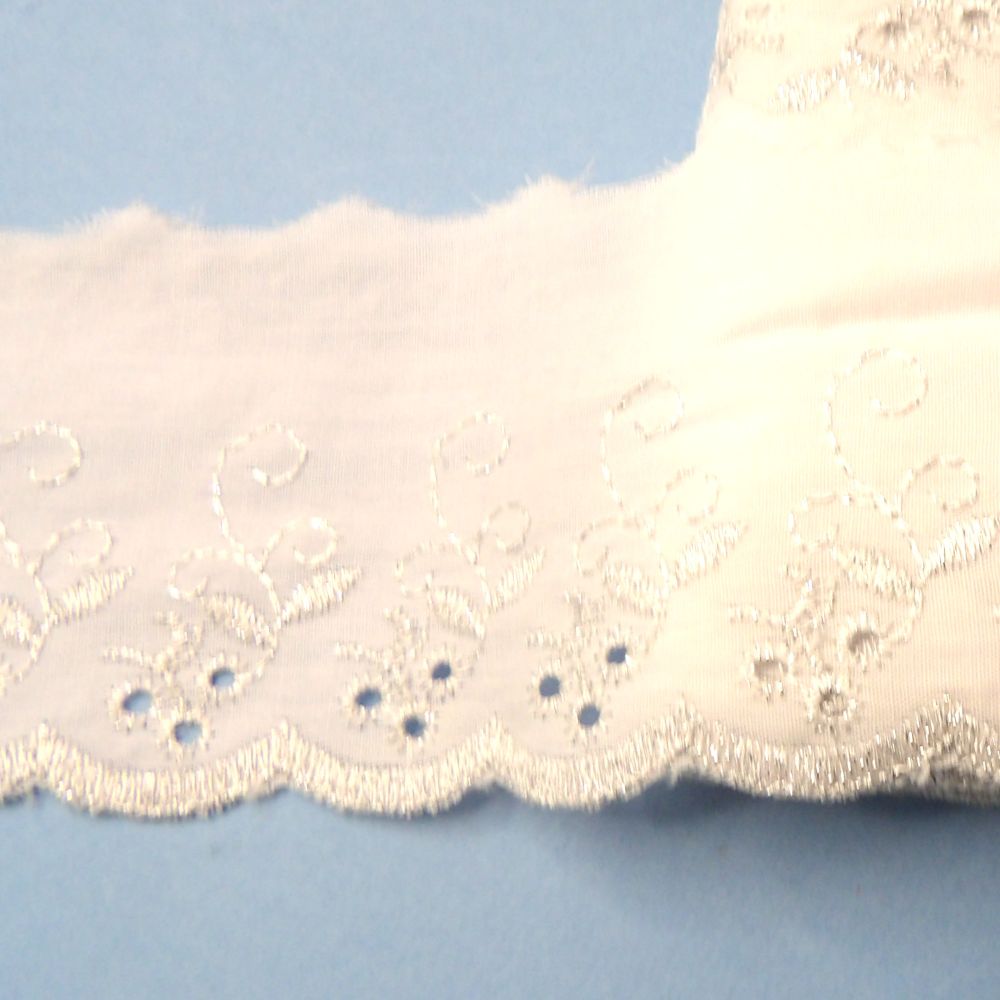13.7 Metres Of White Flat Broderie Anglaise With Light Metallic Silver 75mm Wide