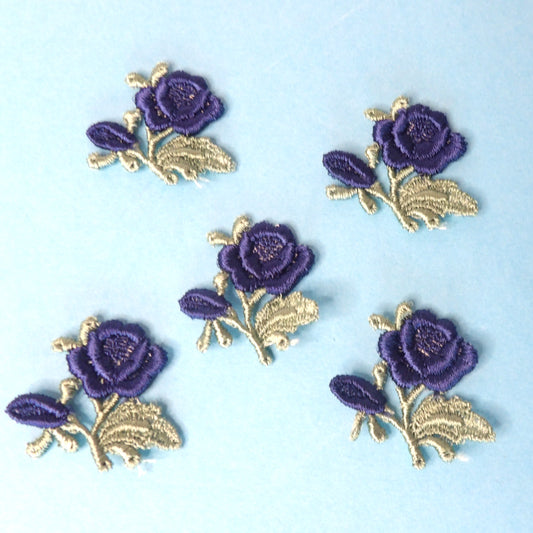 60 French Navy Blue Embroidered Rose Sew On Motifs with Green leaf size 35mm clearance