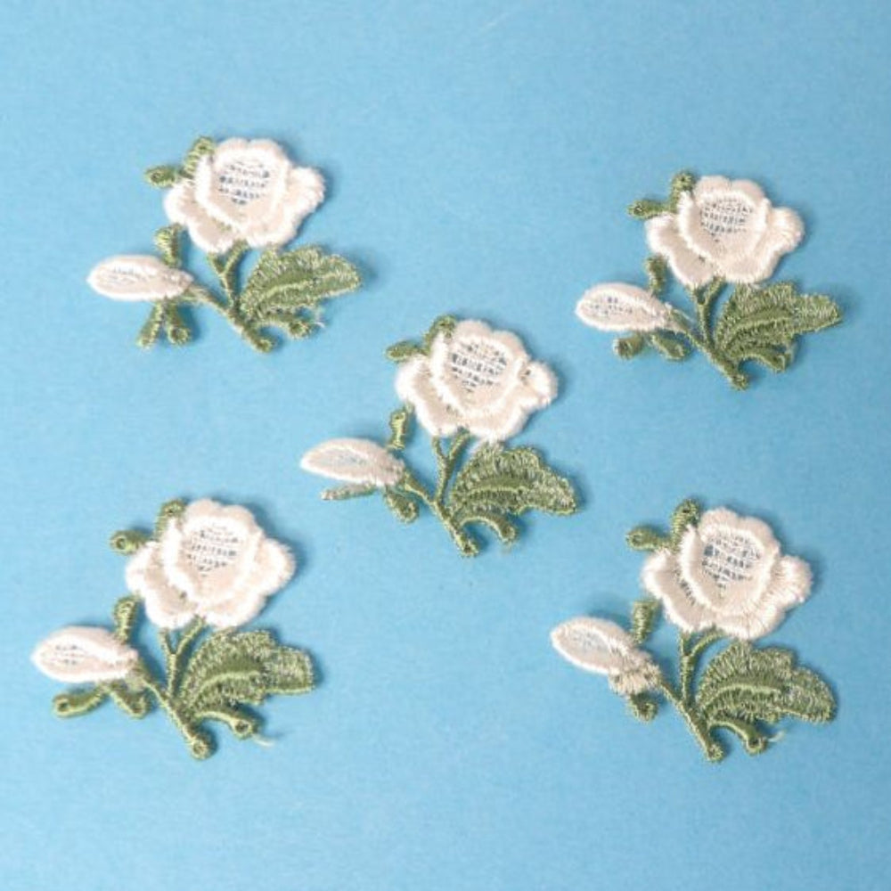 60 Ivory Embroidered Rose Sew On Motifs with Green leaf size 35mm clearance