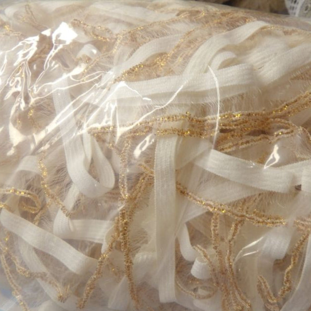 Only One 43 + 5 Metres Of White Elastic With See Through Chiffon Type Gathered Lace And Metallic Rust Edge 16mm Wide Loose In A Bag Clearance