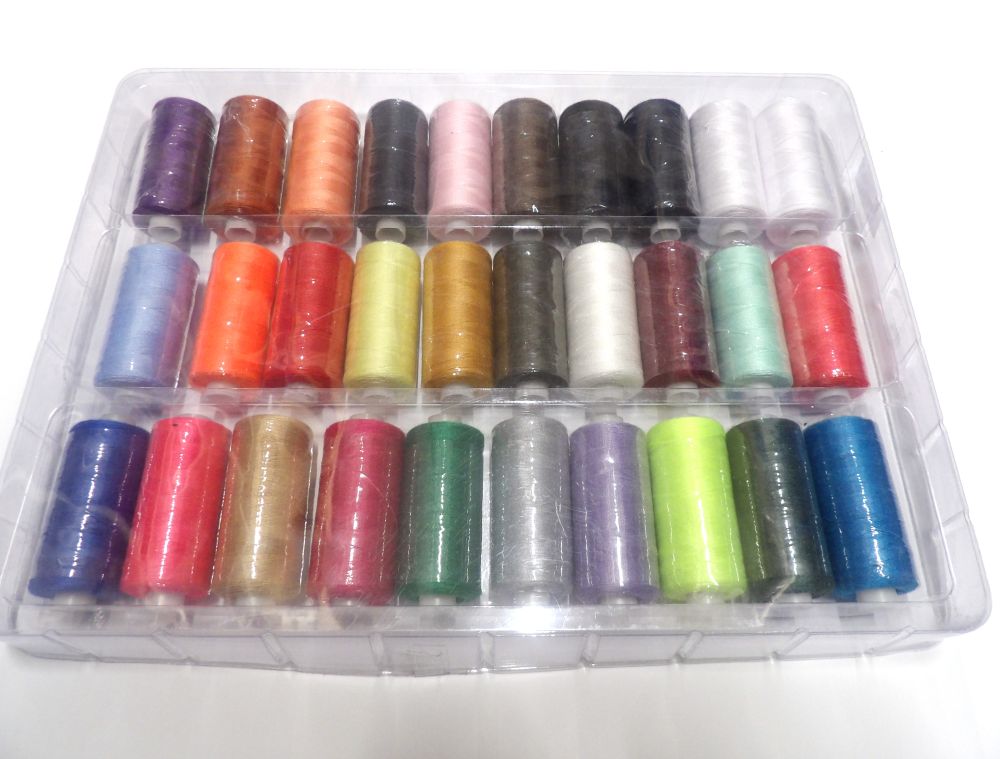 Plastic Tray Of 30 Reels Of Assorted Colours Of 457 Metres / 500 Yard Spools Of Vangurd Brand Polyester Sewing Thread Number 120 Normal Thickness