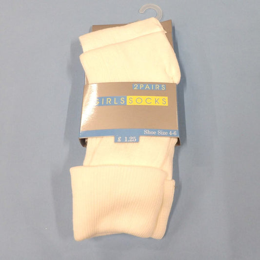 6 Cards Of 2 White Girls Socks Shoe Size 4 - 6  With Hanging Hook Clearance