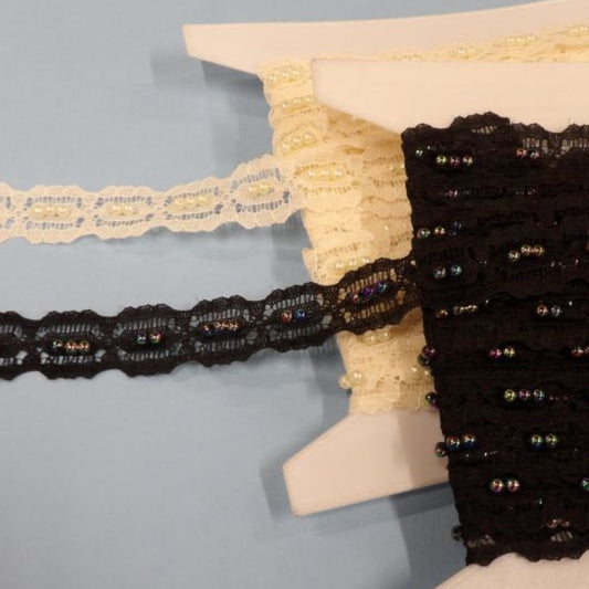 Only One Lot Of 10 Metre Card Of Cream Lace With Beads And 10 Metre Card Of Black Lace With Dark Multi Beads 22mm Wide