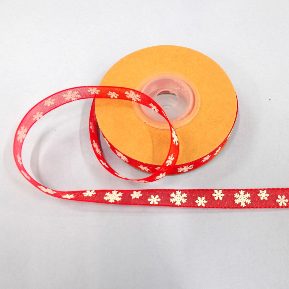 10 Yards Of Red Chiffon Type Christmas Ribbon With White Snow Flakes 10mm Wide Clearance