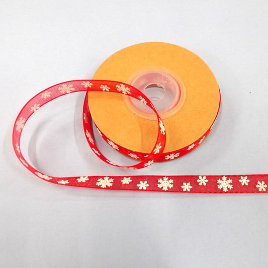 10 Yards Of Red Chiffon Type Christmas Ribbon With White Snow Flakes 10mm Wide Clearance