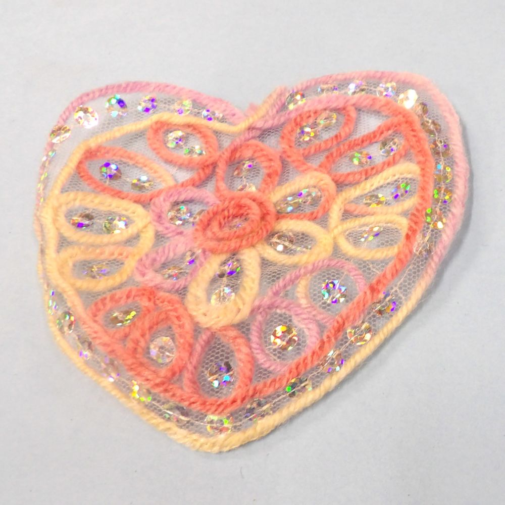 5 Heart Shape Sew On Motifs Wool Type Design Lilac/Pink/Cream With Sequins Size 10cm x 9cm Clearance