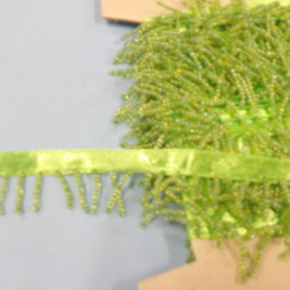 10 Metres Of  Lime Green Colour Beaded Fringing With 9mm Ribbon 30mm Wide Clearance