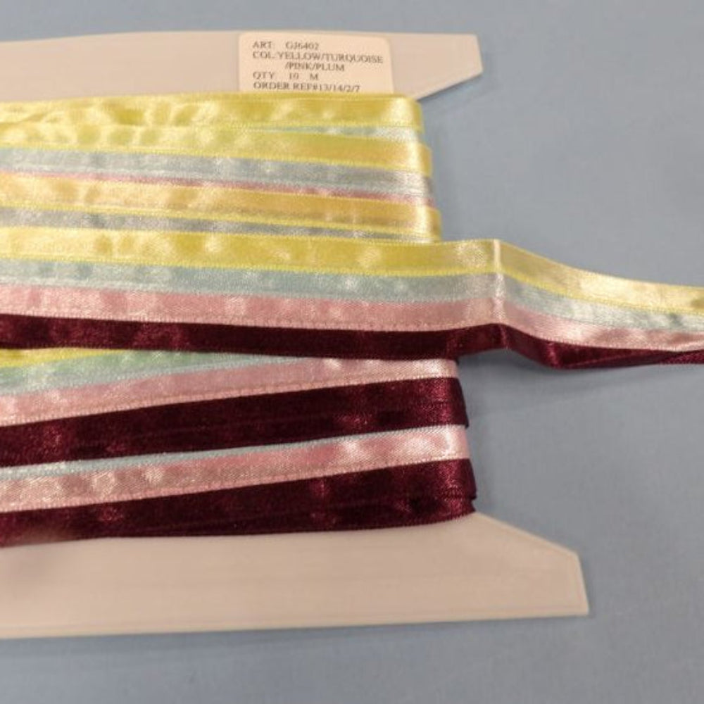 10 Metre Card Of Ribbon Braid 4 Strands Of 10mm Ribbon Lemon/Light Blue/Light Pink/Maroon Joined Together 33mm Wide Clearance