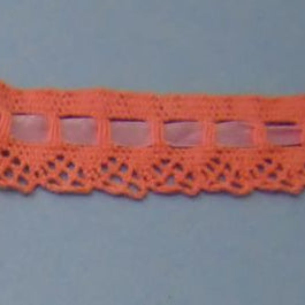 Only One 10 Metre Of Dark Peach Cotton Type Lace with Pink Slotted Ribbon 25mm wide