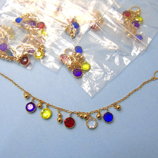 10 Gold Colour Metal Metal Chains 24cm Long With 5 Bright Coloured 10mm Diamante Type Stones And Gold Beads 2 Metal Loops  Clearance