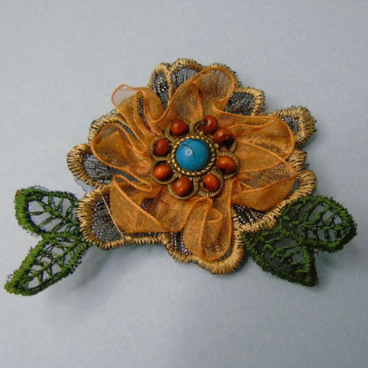 10 Embroidered Flower Motifs With Green Leaves Wooden Type Beads And Turquoise Bead Centre With Light Brown Chiffon Size 85mm Clearance