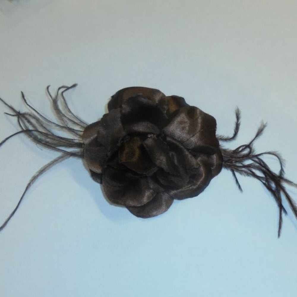 5 Black Satin Fabric Rose Brooch With Fine Feathers Size 10cm Clearance