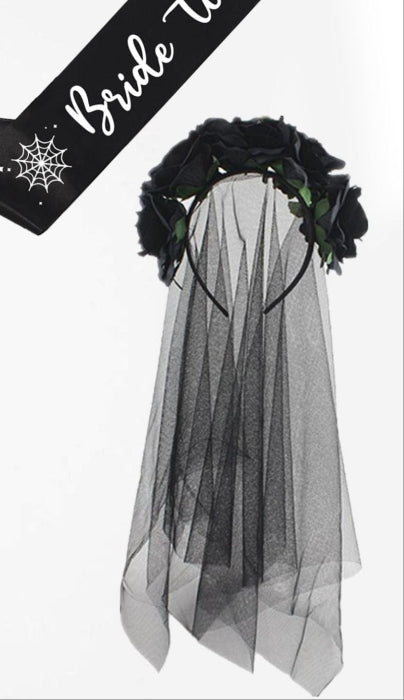 Only One Lot Of 9 Goth Bride To Be Kit With Floral Veil Head Band A Black Sash ' With Bride To Be ' Design Clearance [ includes necklace type chockers slightly damaged ]
