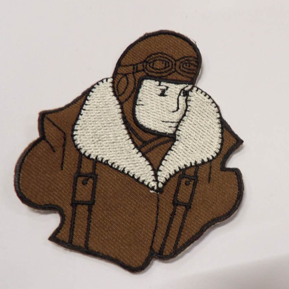 2 embroidered brown and silver grey fabric pilot with jacket and goggles sew on motifs size 8cm x 9cm