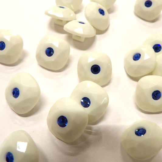 50  white square shank facetted buttons with royal blue diamante type stone size 14mm clearance