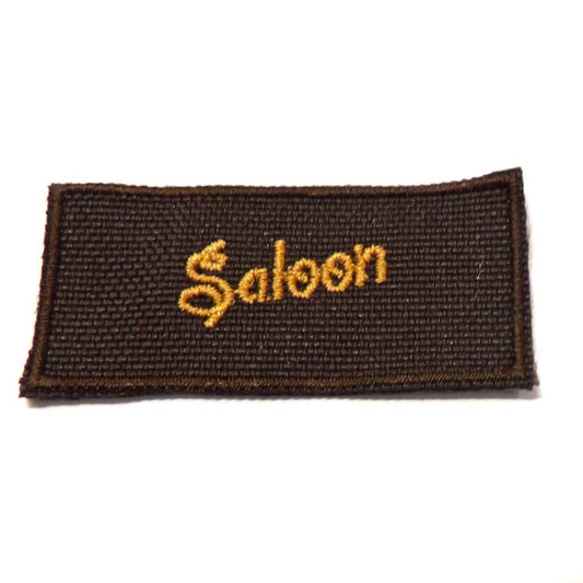 5 dark brown iron on label type motifs with embroidered saloon design size 50mm x 24mm clearance