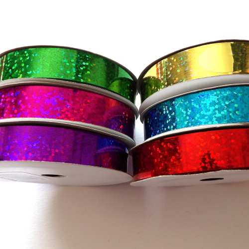 10 metres of Metallic Holographic spot design polypropylene ribbon 15mm wide choice of colour