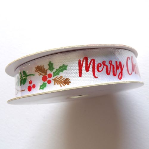 10 metres  of white satin ribbon with Merry Christmas Holly and Berries 15mm wide