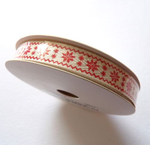 10 metre reel of herringbone Cream with Red Snowflake ribbon 10mm wide Christmas Ribbon